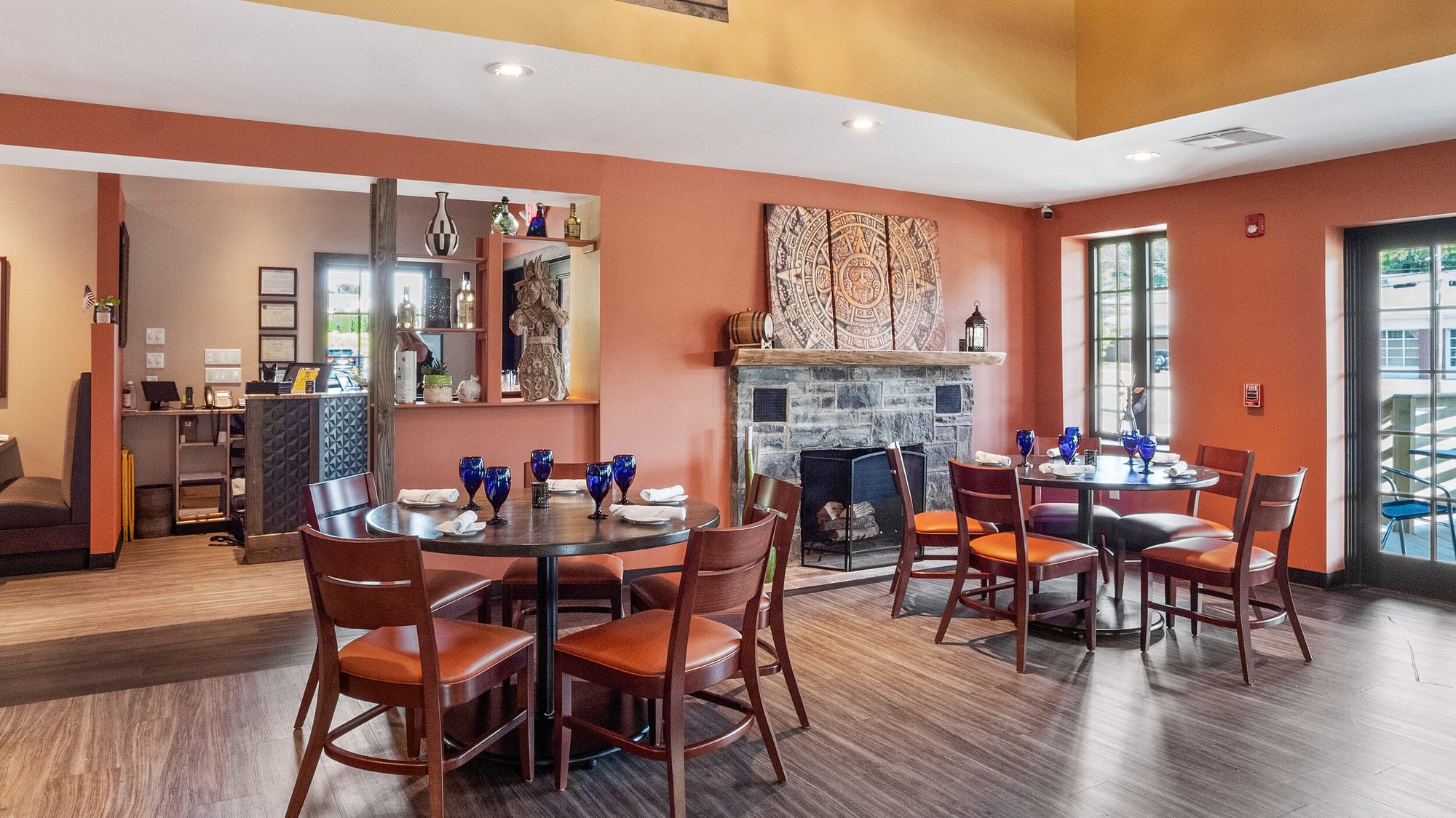 Tables beside the fireplace