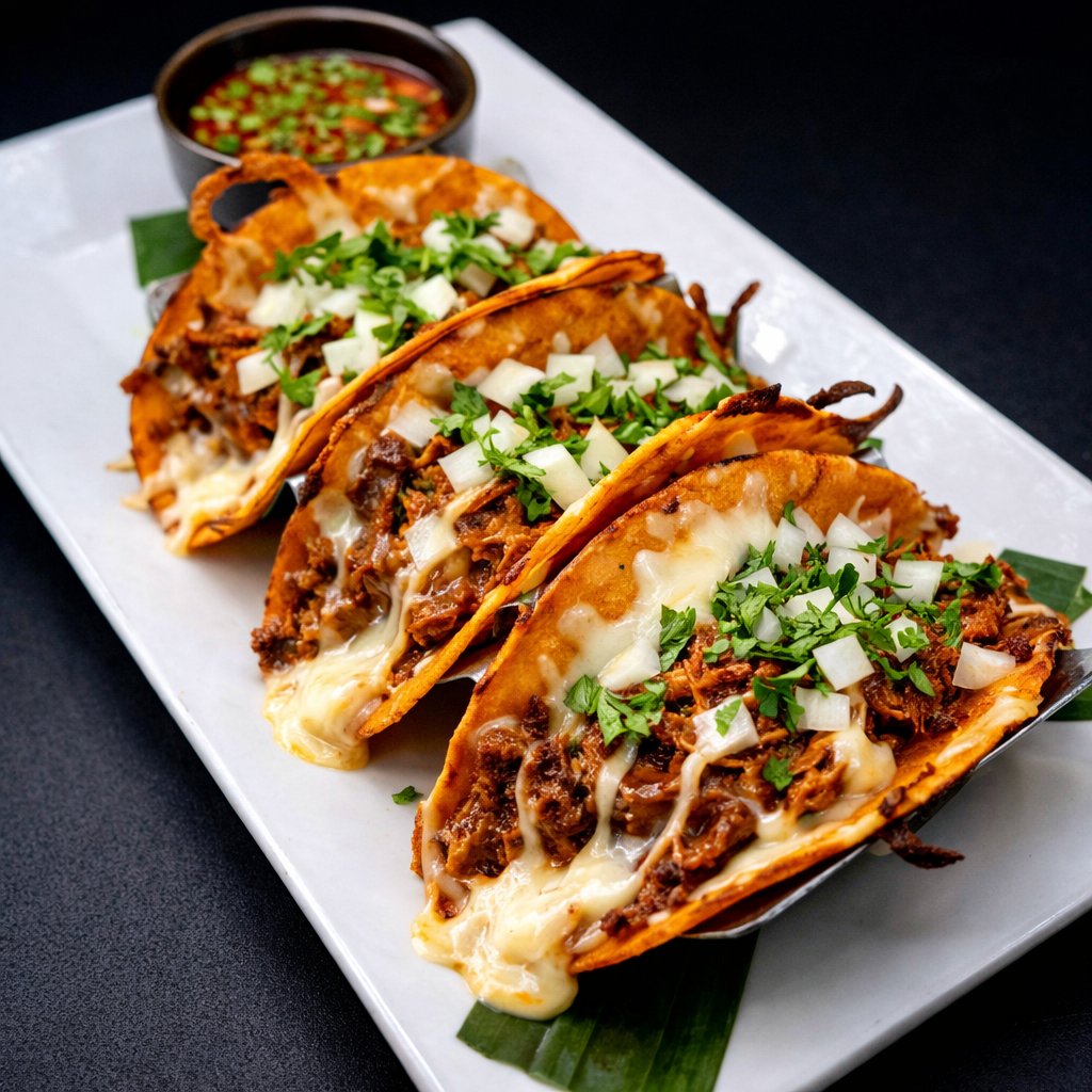 Crispy quesabirria tacos with melted cheese, cilantro and onion on a platter