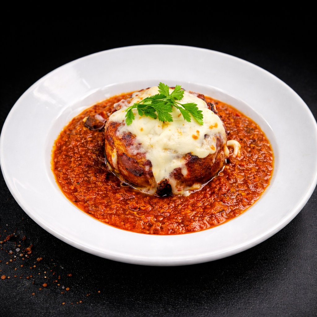 A stacked entree smothered in melted cheese and red chile sauce, topped with cilantro