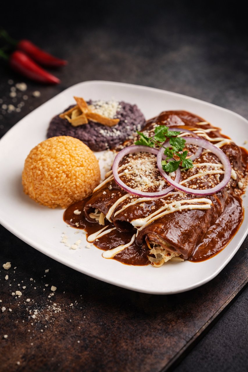 Enchiladas in dark mole sauce with crema, red onion and rice