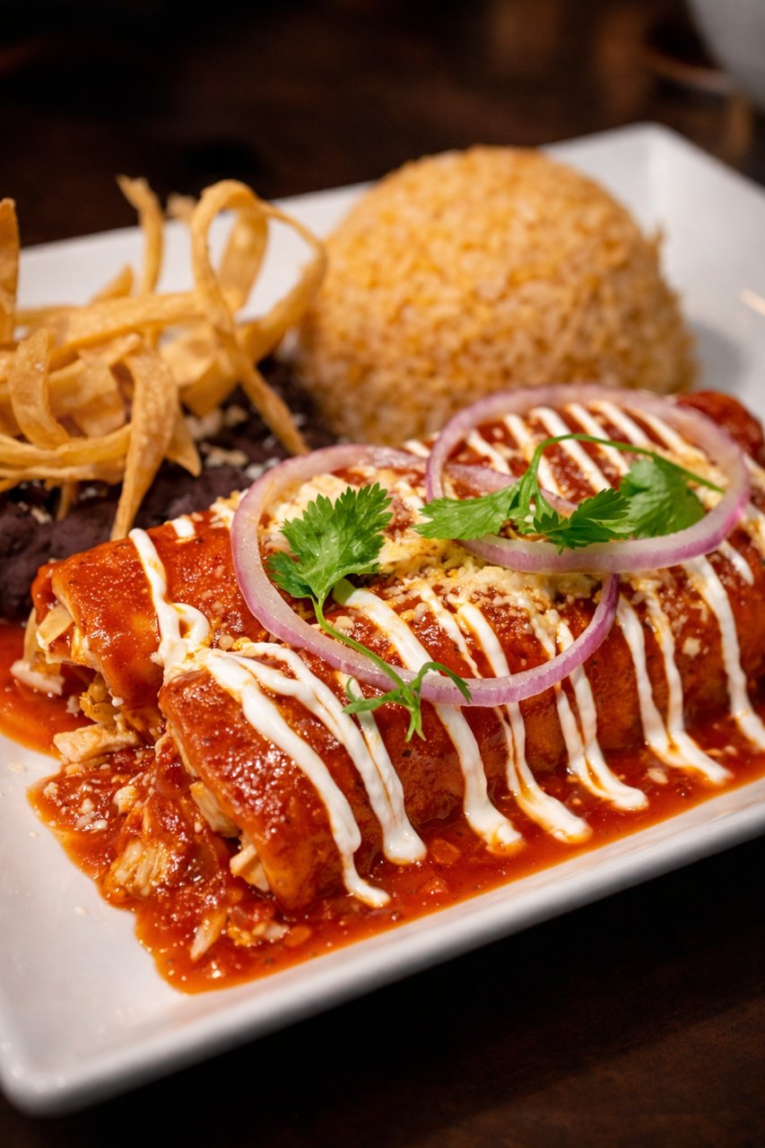 Enchiladas in red sauce with crema, red onion and Mexican rice