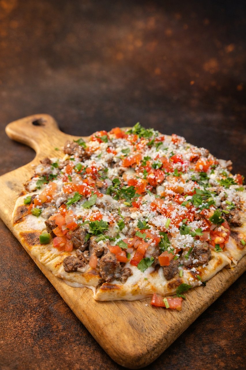A steak flatbread topped with cotija, pico de gallo and cilantro on a board