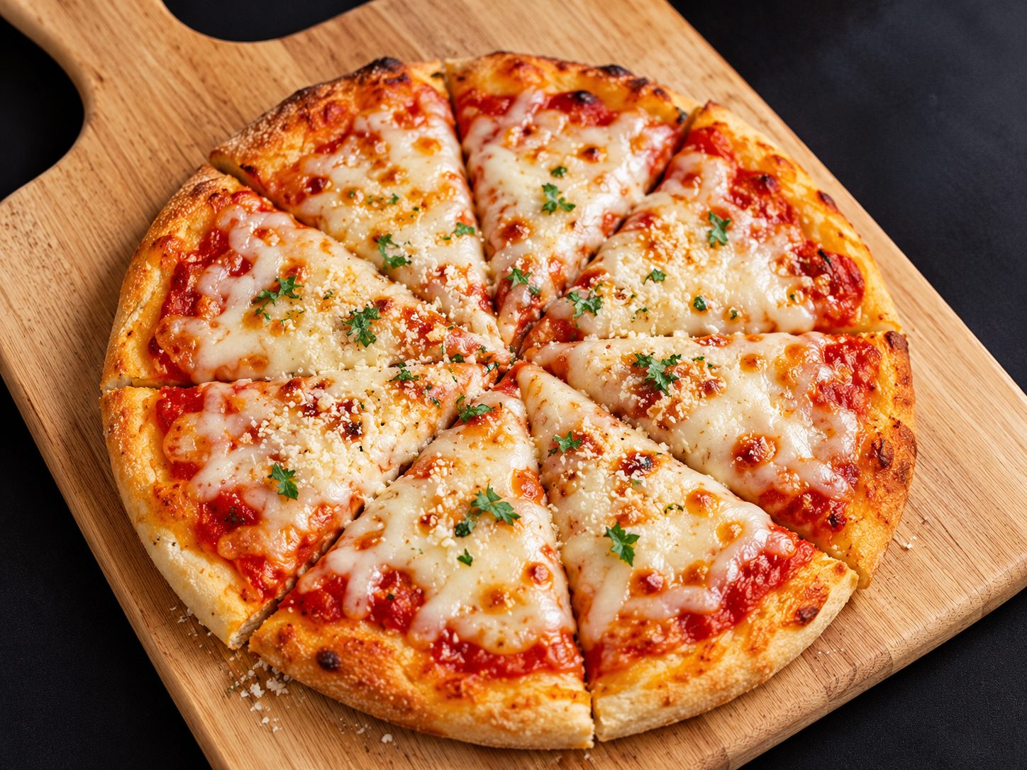 A kids' cheese pizza on a wooden board