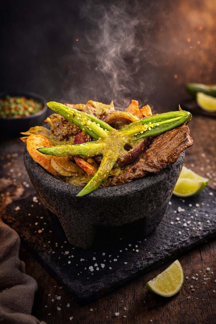 A steaming molcajete of grilled meats, shrimp and nopal with green chiles