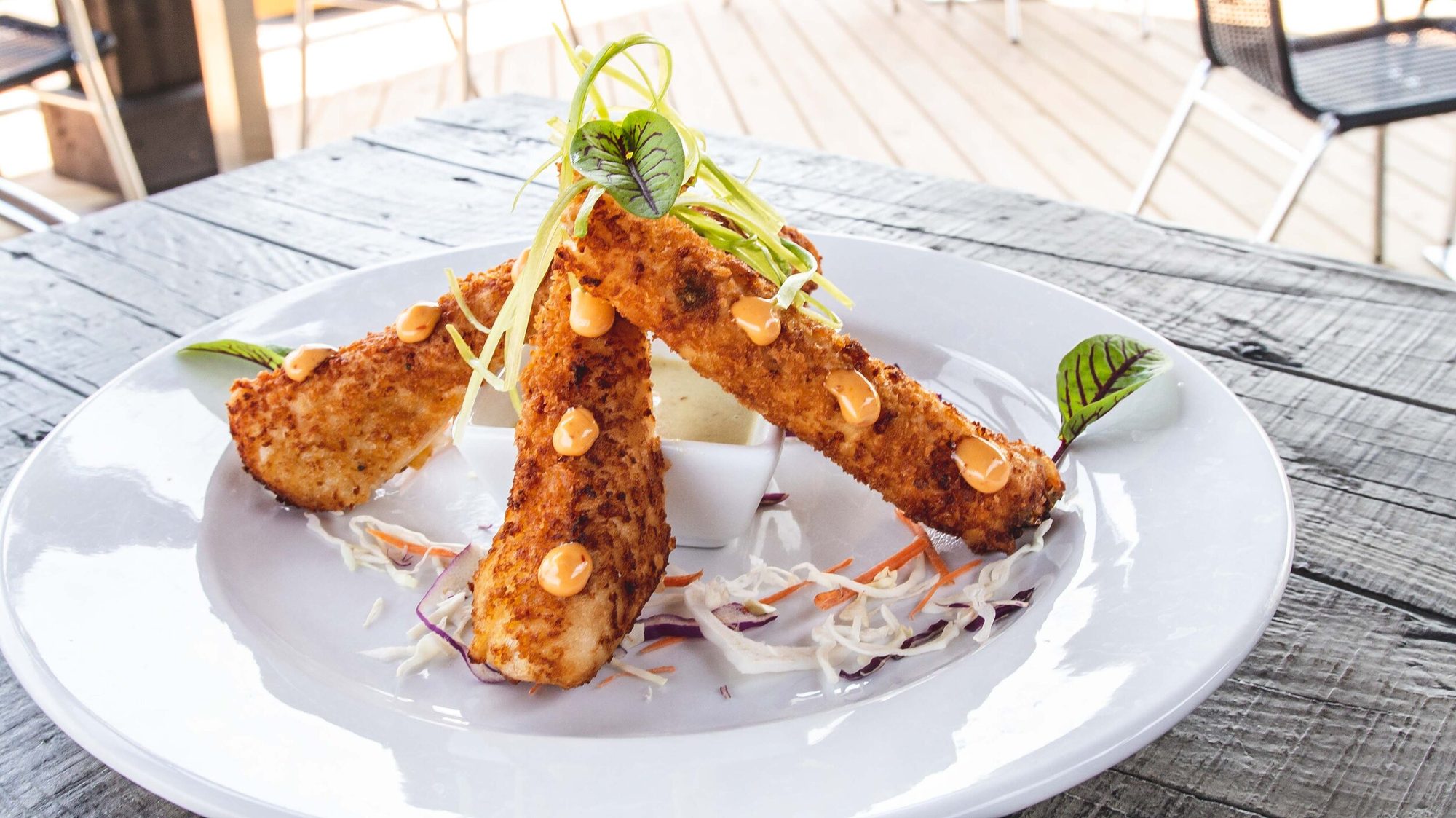 Queso sticks plated with slaw and chipotle dots