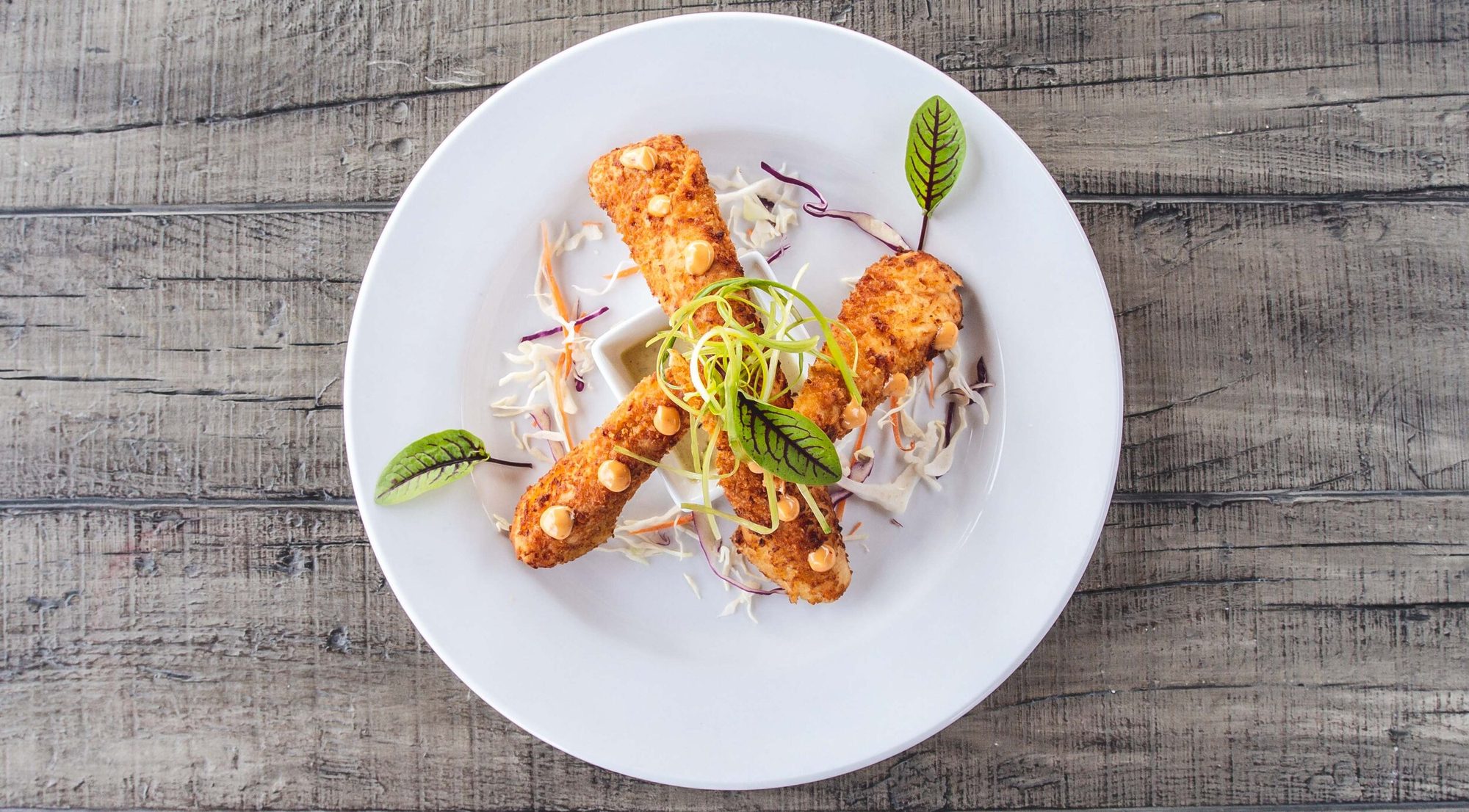 Queso sticks seen from above on a white plate