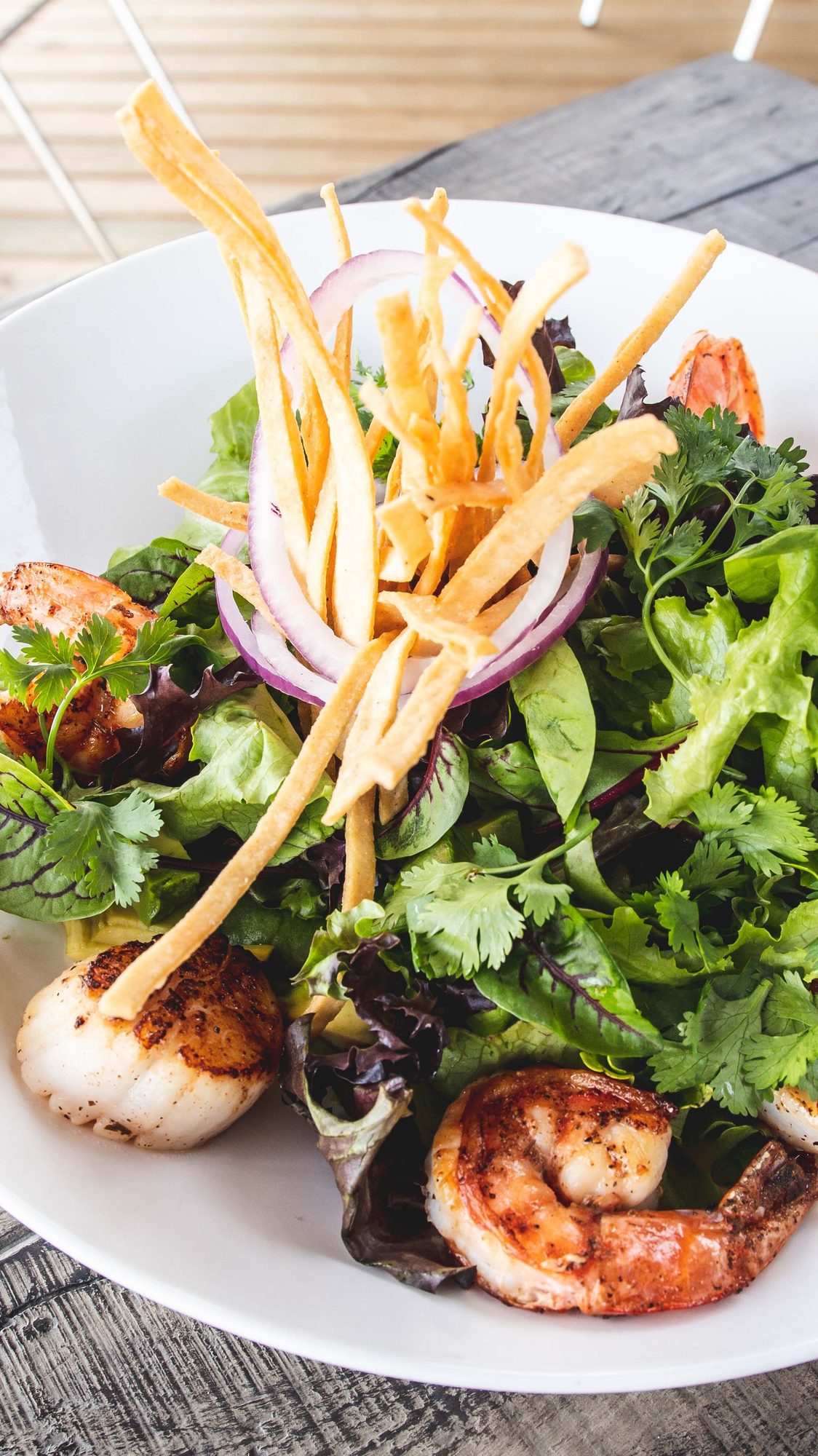 A dressed salad topped with crisp tortilla
