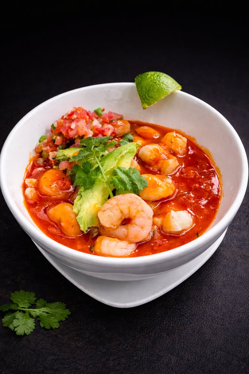 A Mexican shrimp cocktail with avocado, pico de gallo and lime