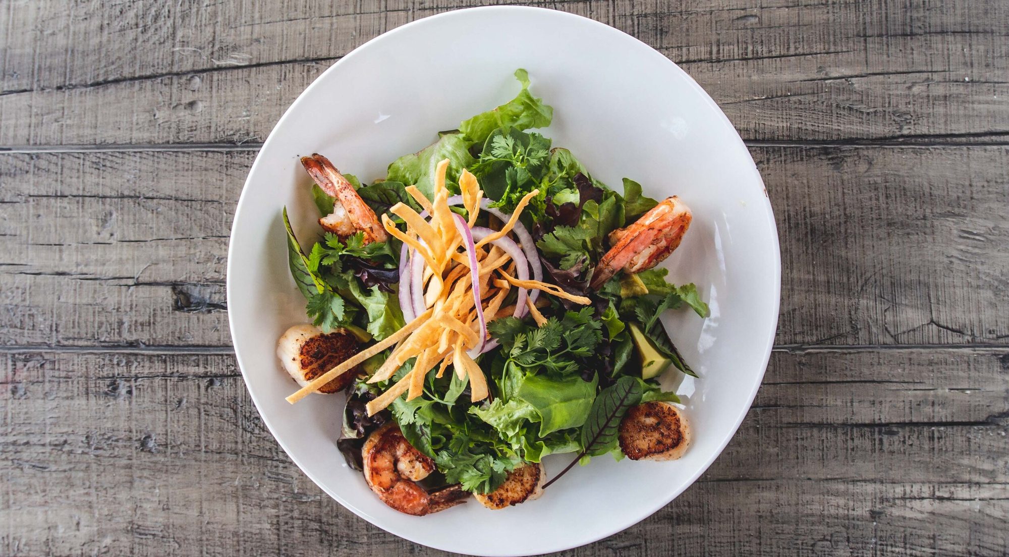 Shrimp and scallop salad seen from above