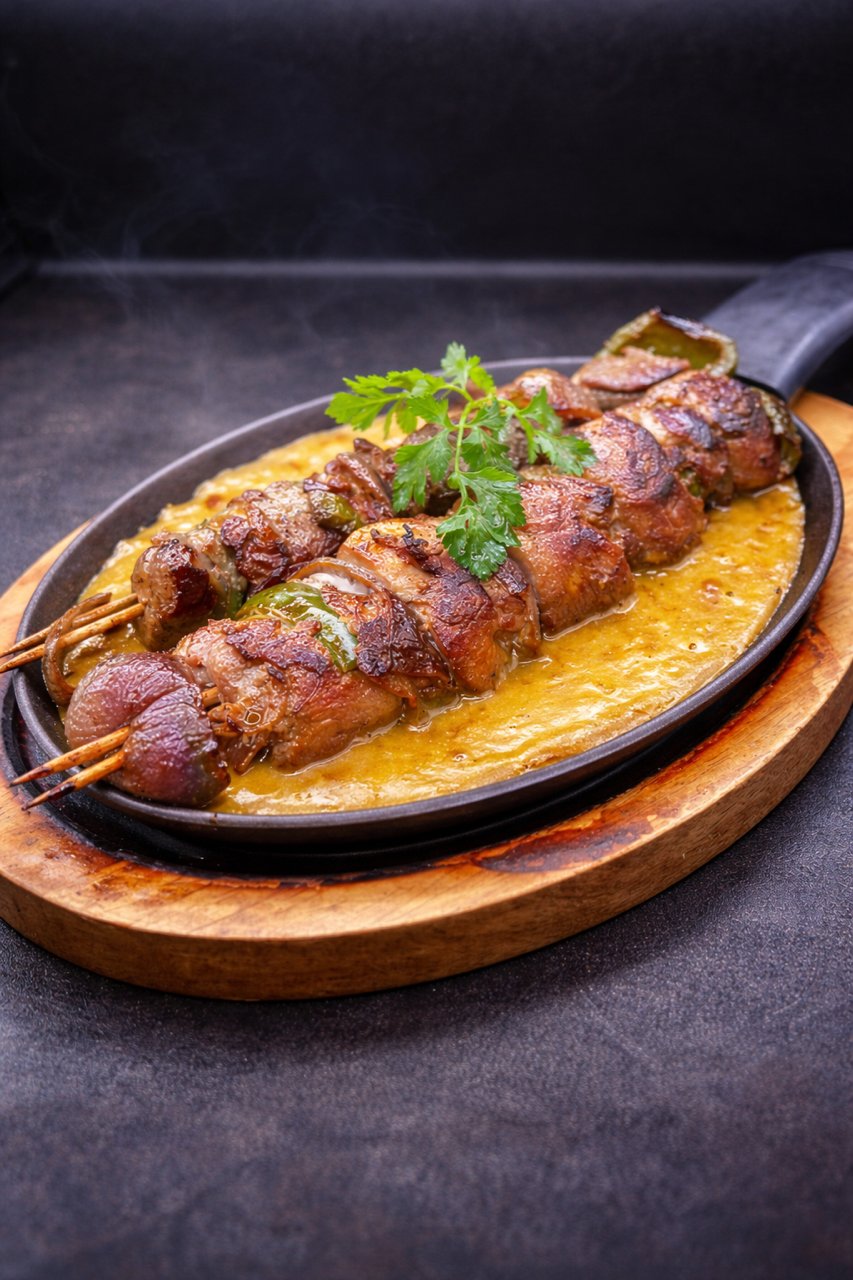 Bacon-wrapped shrimp skewers on a sizzling bed of melted cheese