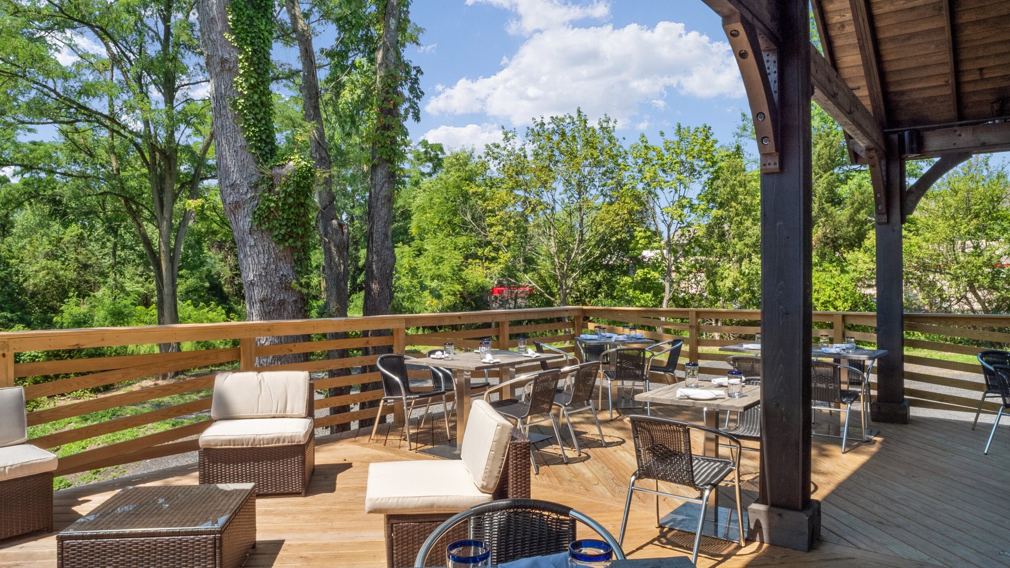 Patio seating looking out into the trees